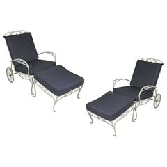 Pair of Vintage Wrought Iron Adjustable Lounge Chairs and Ottomans by Salterini
