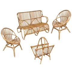 Vintage Set of a French Bamboo Settee with Two Chairs and Magazine Rack