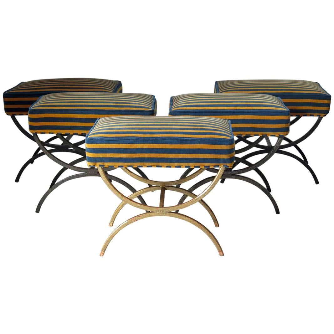 Set of Five Chic Iron and Velvet Stools, France, circa 1940s For Sale