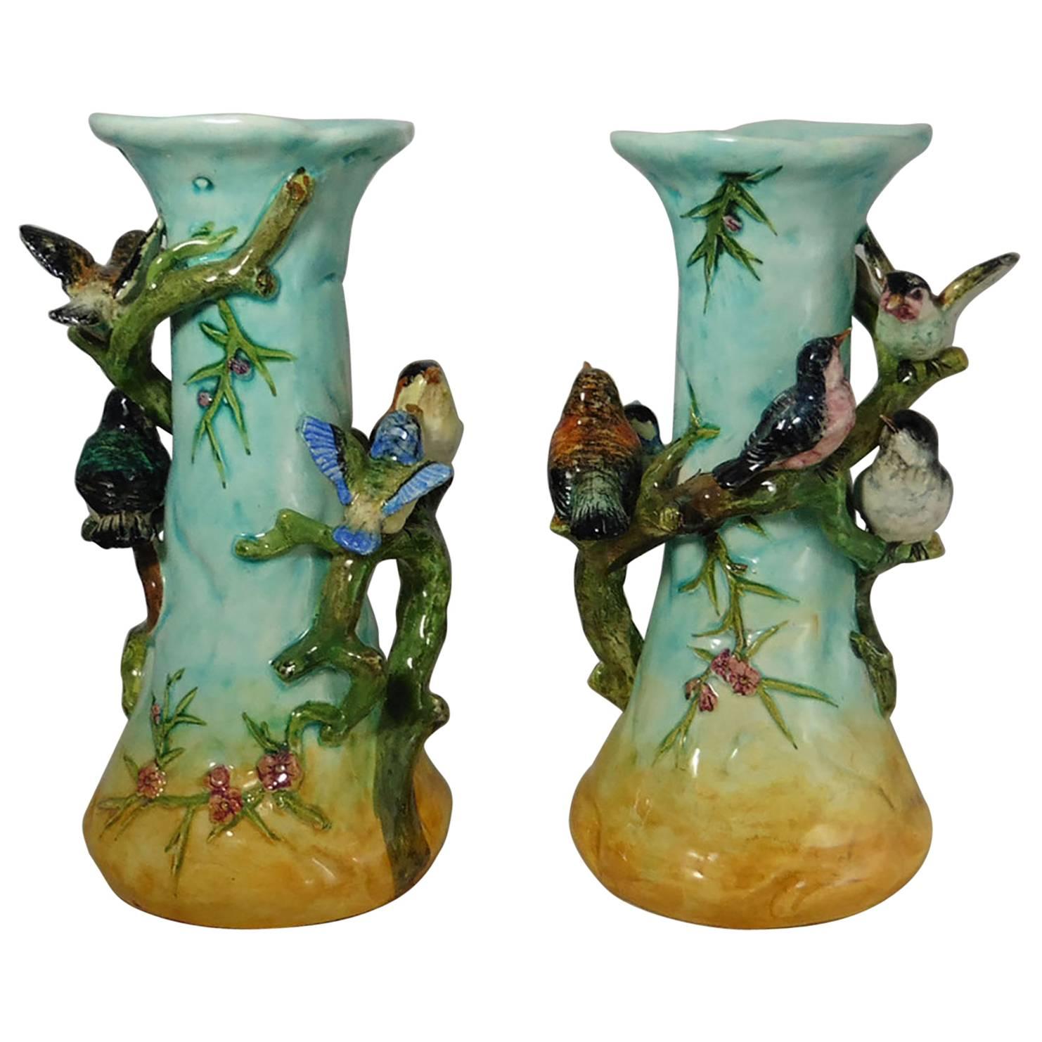 Pair of 19th Century Majolica Birds Vases Massier