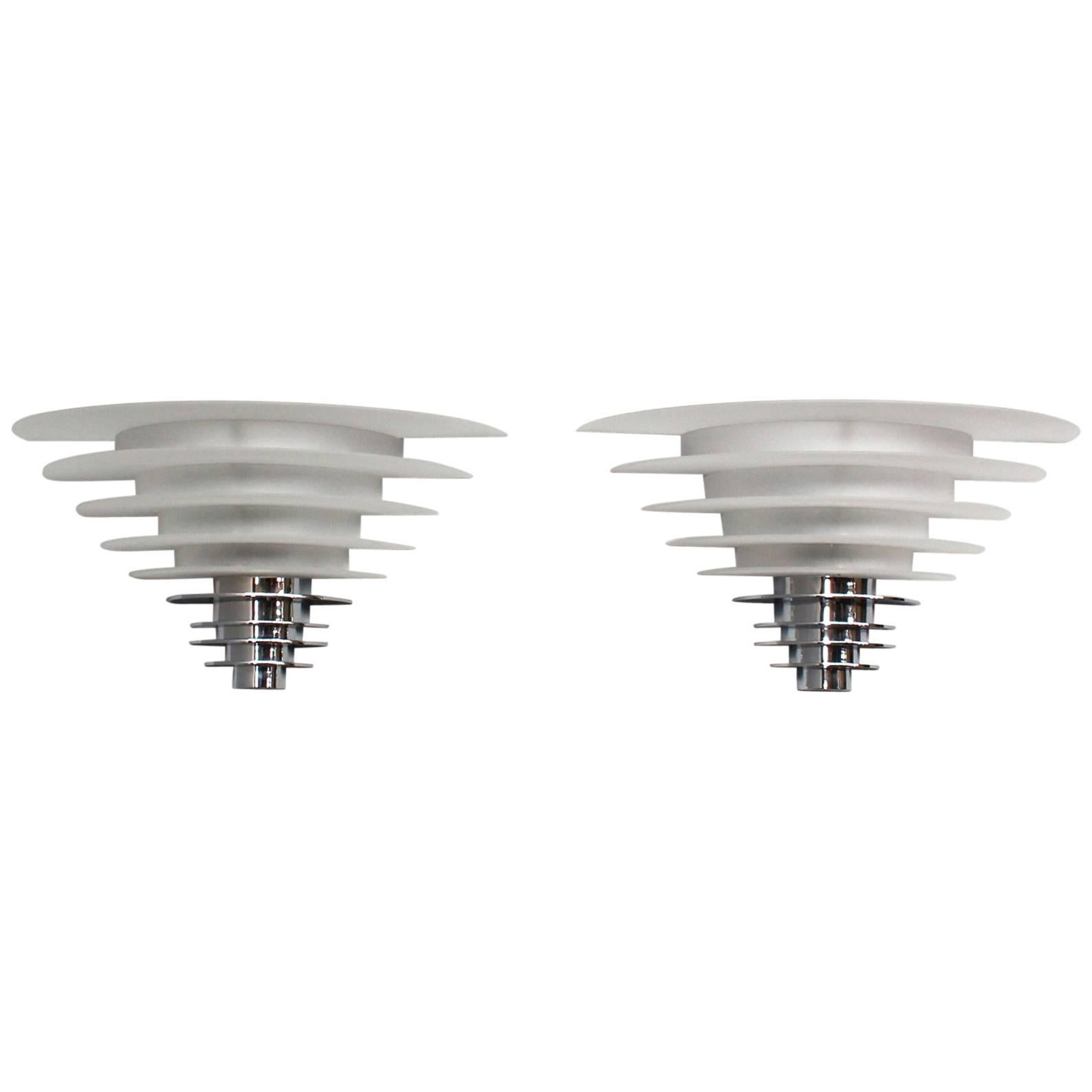 A Pair of Fine French Art Deco Chrome and Glass Wall Lights by Jean Perzel For Sale