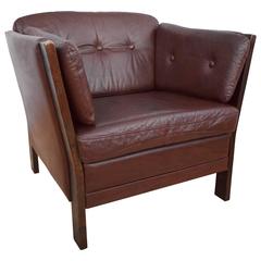 Mid-Century Retro Danish Burgundy Leather 
Beech Lounge Armchair 1960s-1970s