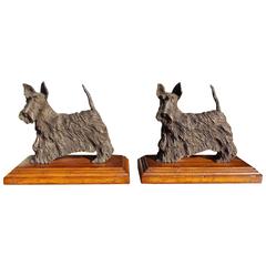 Pair of French Bronze Scottish Terrier Bookends on Walnut Bases, Circa 1850