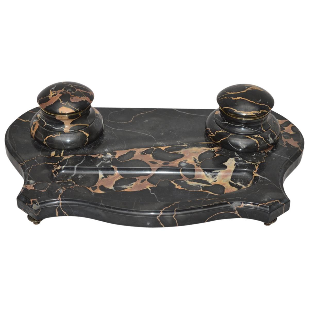 French Napoleon III Black Portoro Marble Inkwell Desk Set For Sale