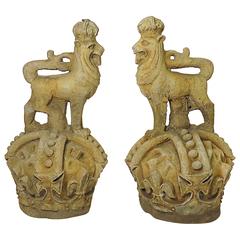Pair of Baronial Lion Cast Stone Finials