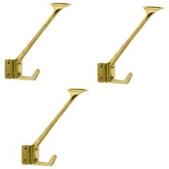 Three Handcrafted Art Nouveau Brass Wall Coat Hooks, Austria, circa 1910