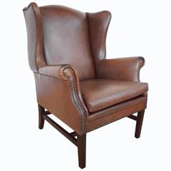 Antique Style Georgian Brown Leather Wingback Armchair