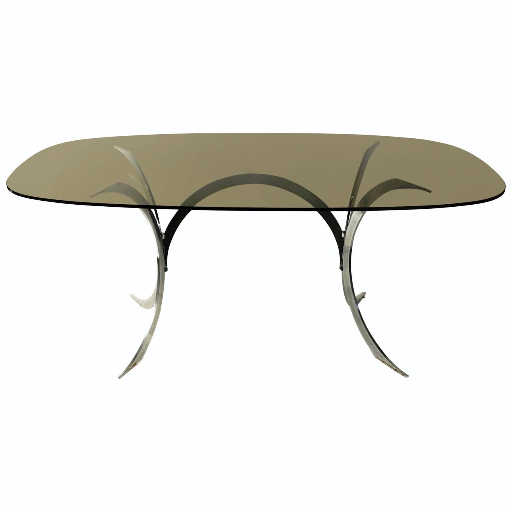 1970s Oval Dining Room Table, Chrome Base, Smoked Glass Top, French