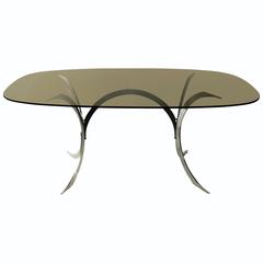 1970s Oval Dining Room Table, Chrome Base, Smoked Glass Top, French 3