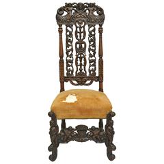 Finely Carved 19th Century Figural Walnut Italian Renaissance Tall Back Chair