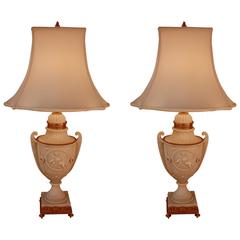 Antique Pair of Classic Design Porcelain and Gilt Bronze Table Lamps