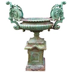 Neoclassical Cast Iron Urn on Stand J.W. Fiske, 1878, Great Surface