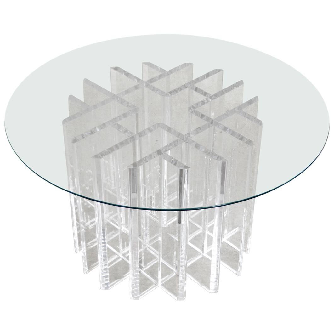 Intricate Lucite Cocktail Table with Round Glass Top