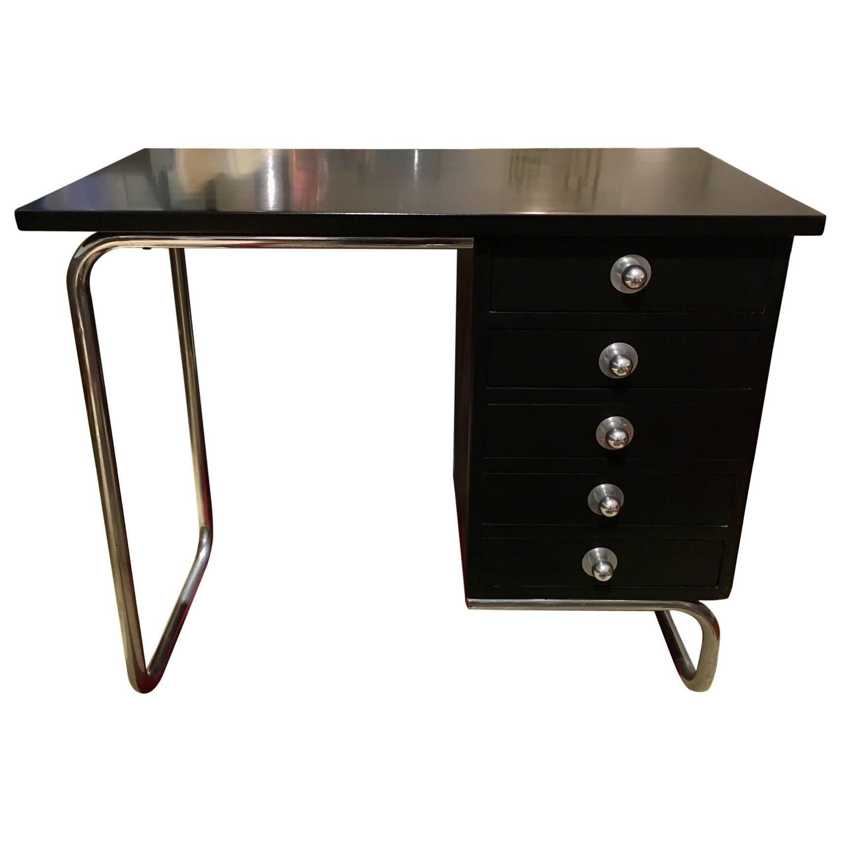 Black Lacquered Wood Desk with Tubular Steel Frame, circa 1935