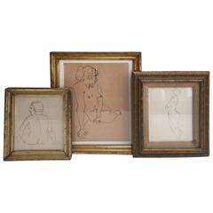 Collection of Mid-Century Nude Pen and Ink Drawings in Early Lemon Gilt Frames