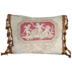 Antique 19th Century French Toile and Silk Textile Pillow with Tassels				 			