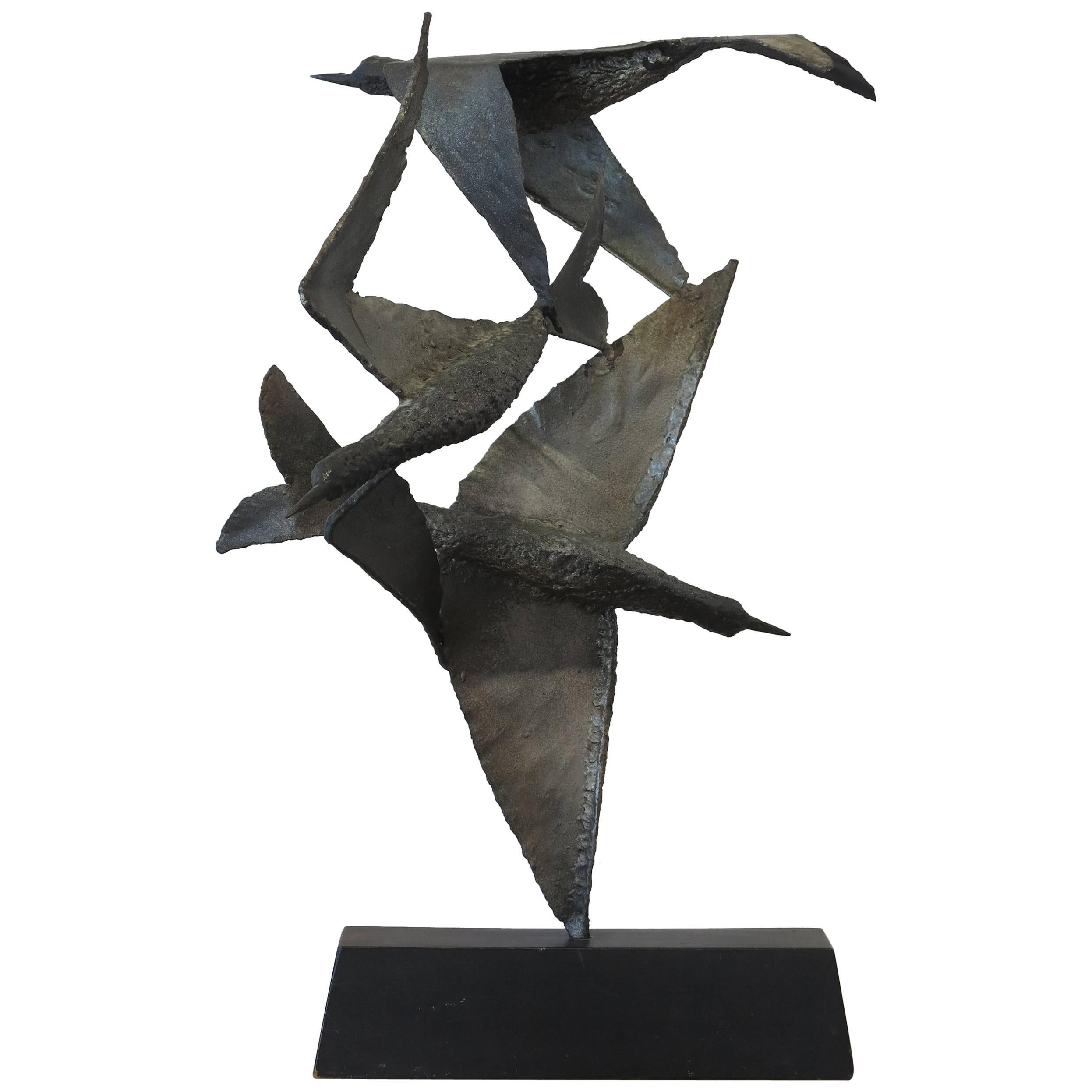 Vintage Flying Bird Sculpture Metal Birds on Wood Stand, 1980s