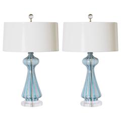 Pair of Turquoise and White Murano Latticino Glass Lamps, circa 1950