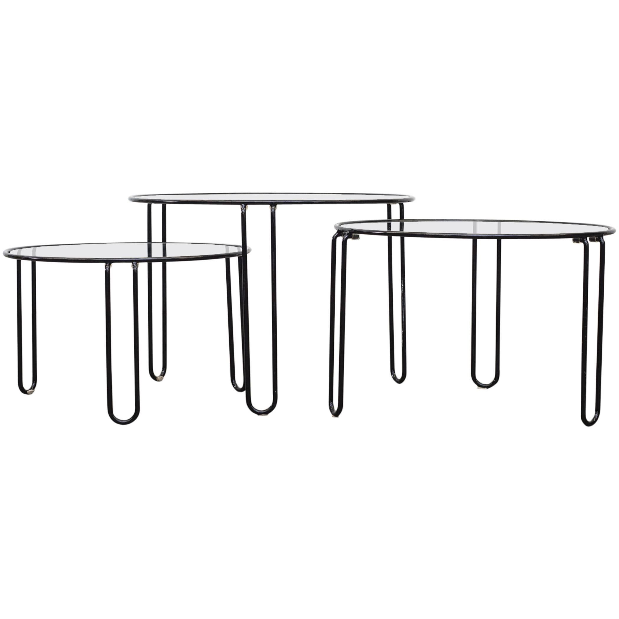 Set of Three Round Wire Modernist Nesting Tables with Inset Glass