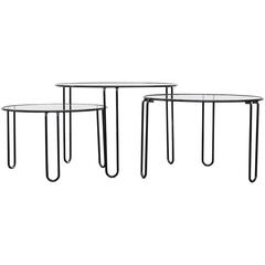 Set of Three Round Wire Modernist Nesting Tables with Inset Glass