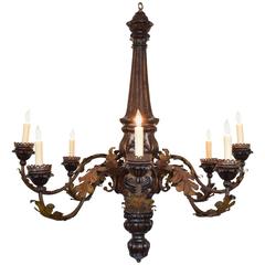 Italian Walnut and Painted Metal Eight-Light Chandelier, Early 20th Century