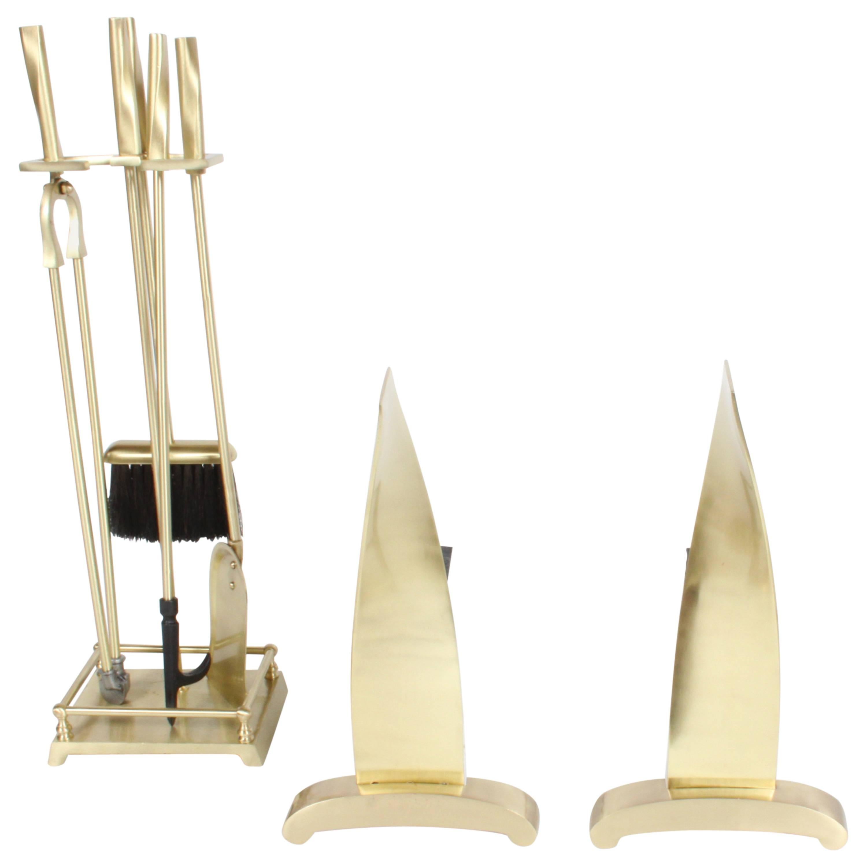 Brass Art Deco Modern torqued Andirons and Fire Tools Set, Deskey Style