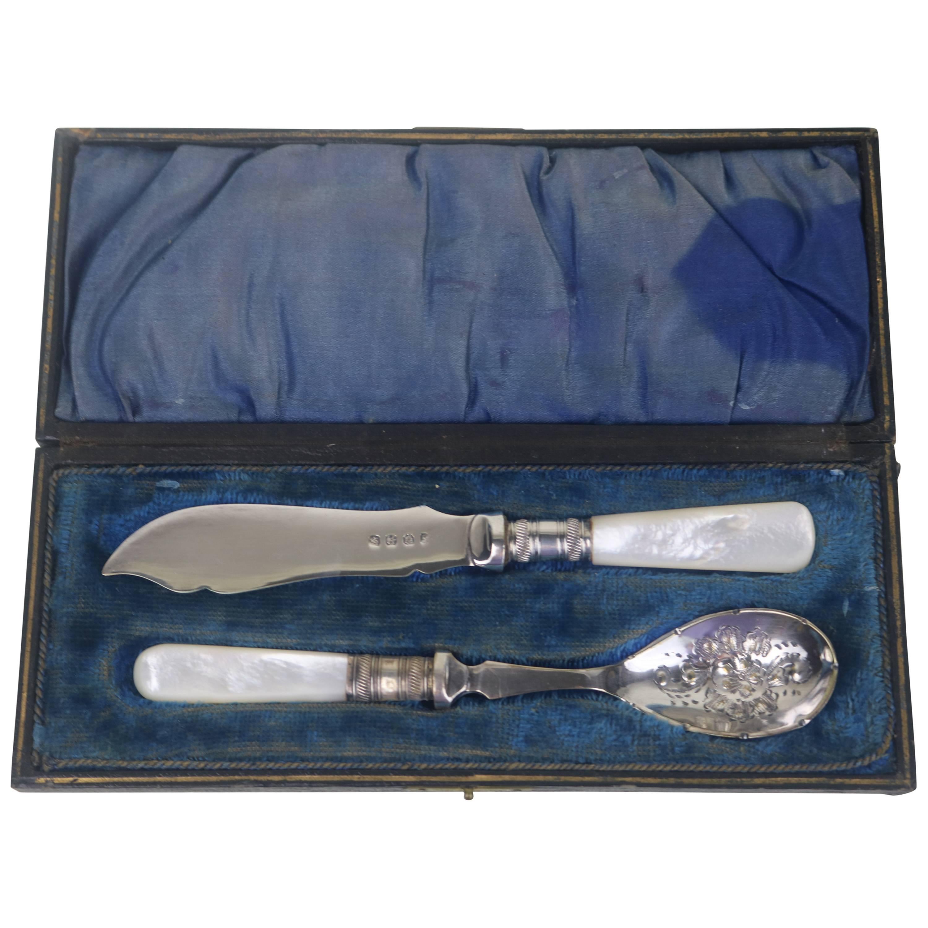 Luxe Sterling Two-Piece Fruit Set Mother of Pearl Handle-Hallmarked-Leather Case For Sale