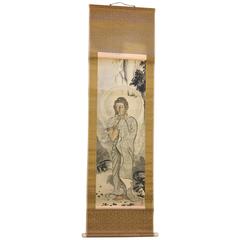 Antique Japan Elegant Gautama Buddha, Hand-Painted Scroll on Silk