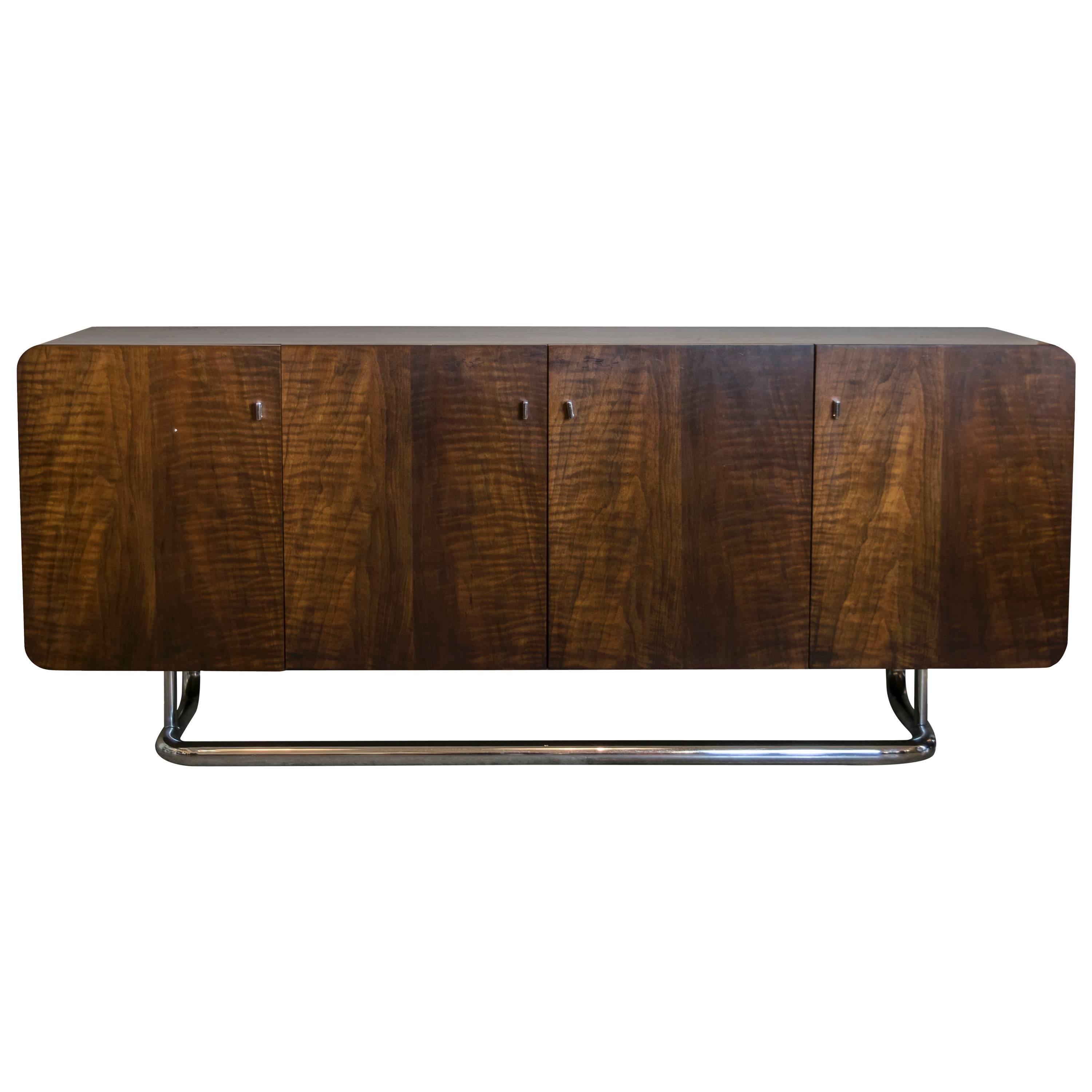 Rounded Walnut Credenza with Cantilevered Chrome Base