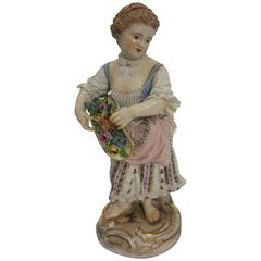 Antique Meissen Porcelain Figure of Girl with Flowers, 19th Century