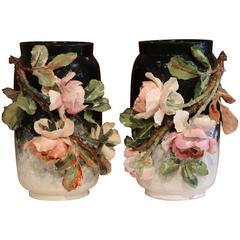 Pair of 19th Century French Hand-Painted Barbotine Vases with Rose Stems