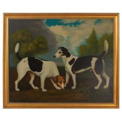 Vintage Oil Painting on Canvas of Two Hunting Dogs