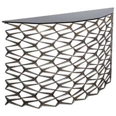 Fenced-In Demilune Console Table by Uhuru Design, brass base, smoked glass top 2