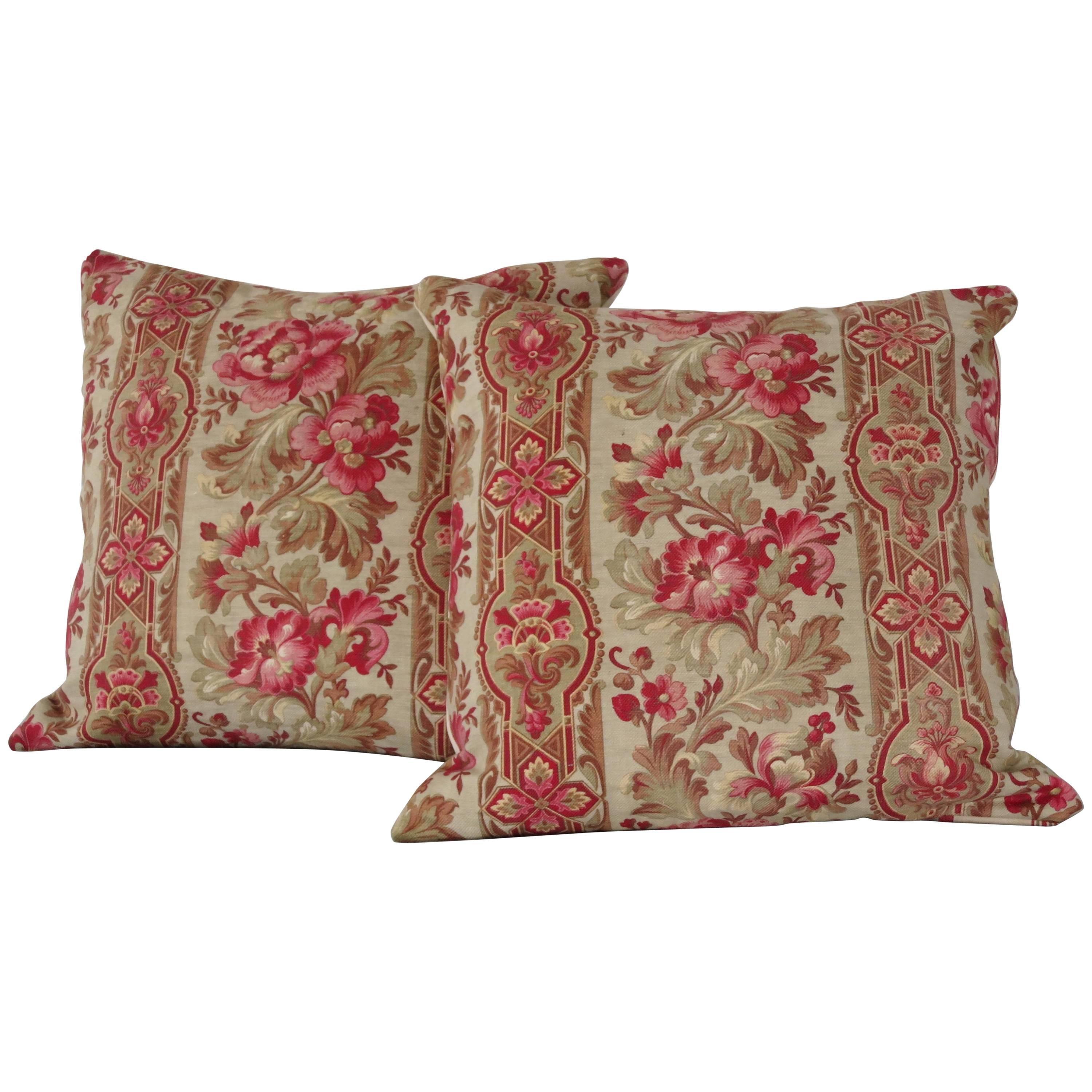 Pair of 19th Century French Floral and Ticking Pillows