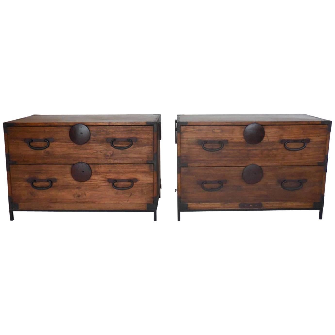 Pair of Japanese 19th Century Tansus/Nightstands on Iron Bases