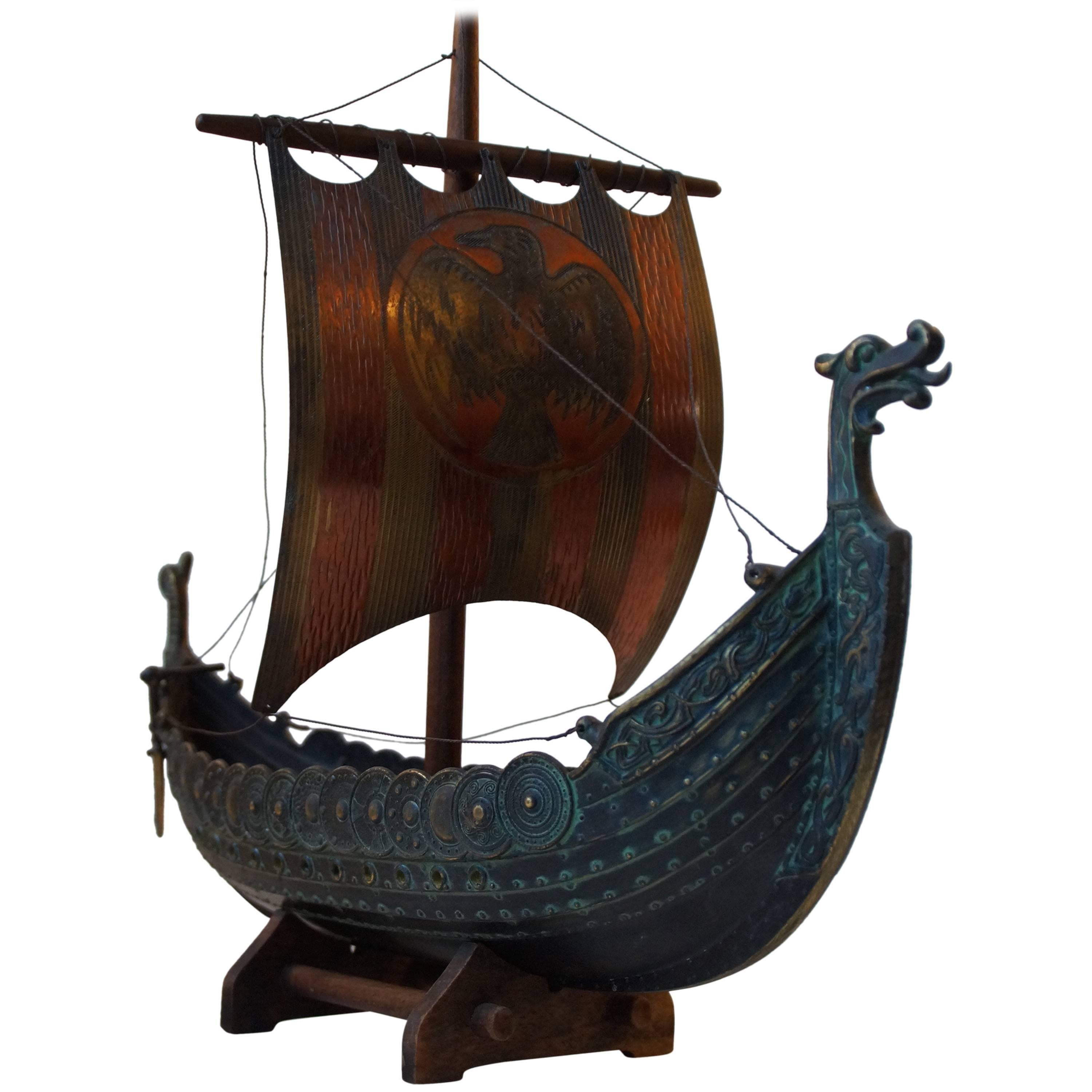 Vintage Handmade Bronze Viking Ship by Edward Aagaard for Copenhagen Iron Art