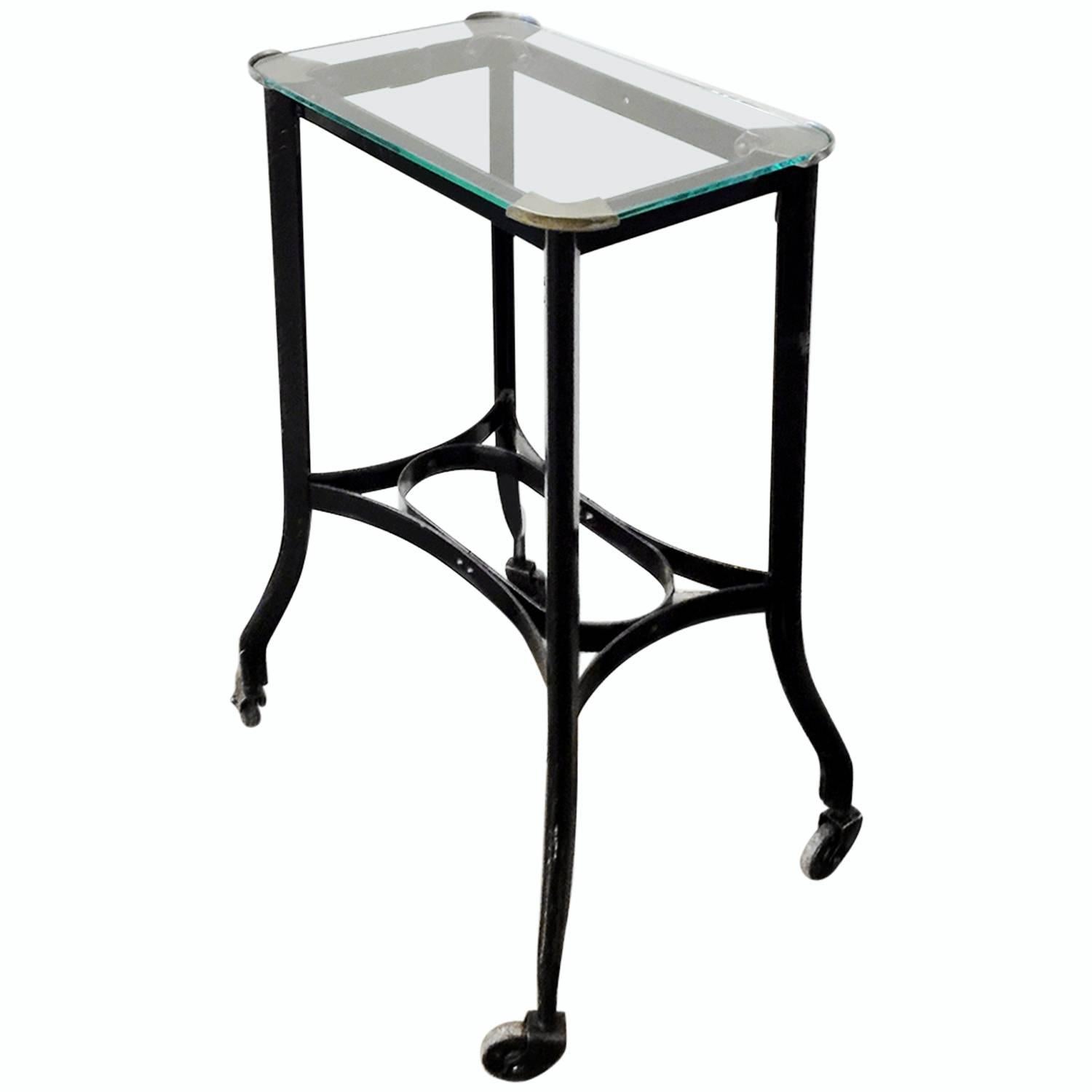 Art Deco Metal Rolling Side Table with Glass Top, 1920s