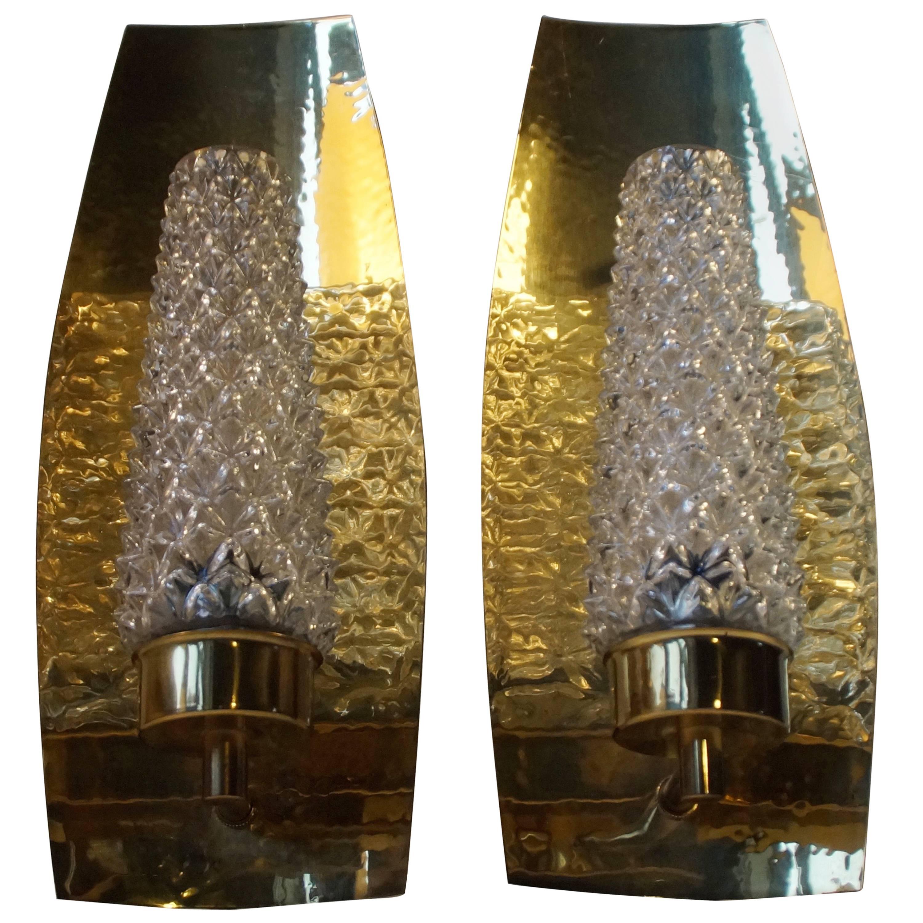 Pair of Mid-Century Brass and Crystal Sconces by HAGS, Austria, Vienna, 1950s
