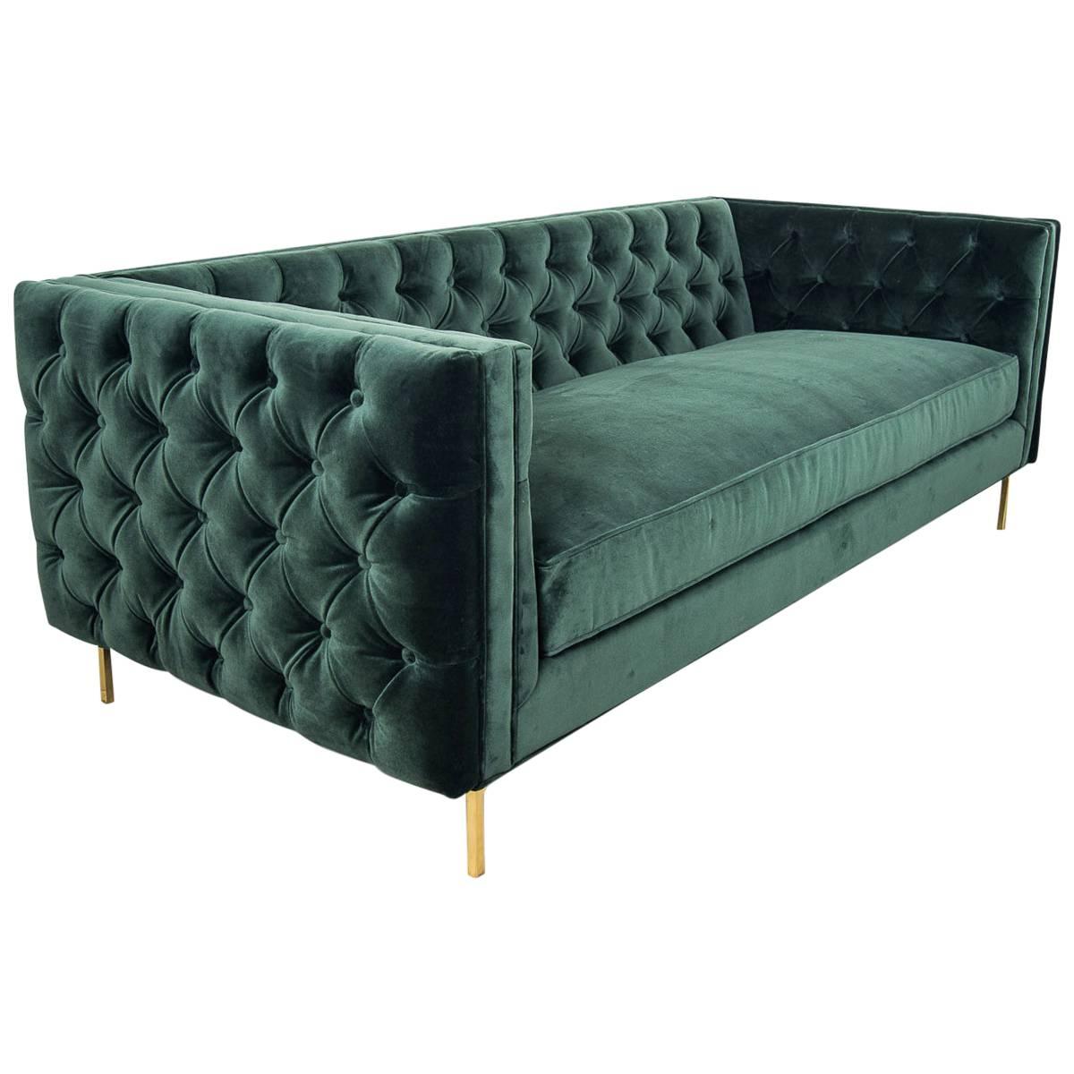 Modern Style 007 Inside-Out Sofa Tufted in Hunter Green Velvet w/ Brass Legs For Sale