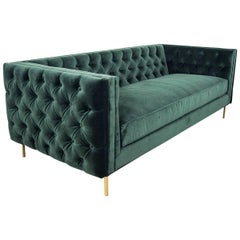 Modern Style 007 Inside-Out Sofa Tufted in Hunter Green Velvet w/ Brass Legs