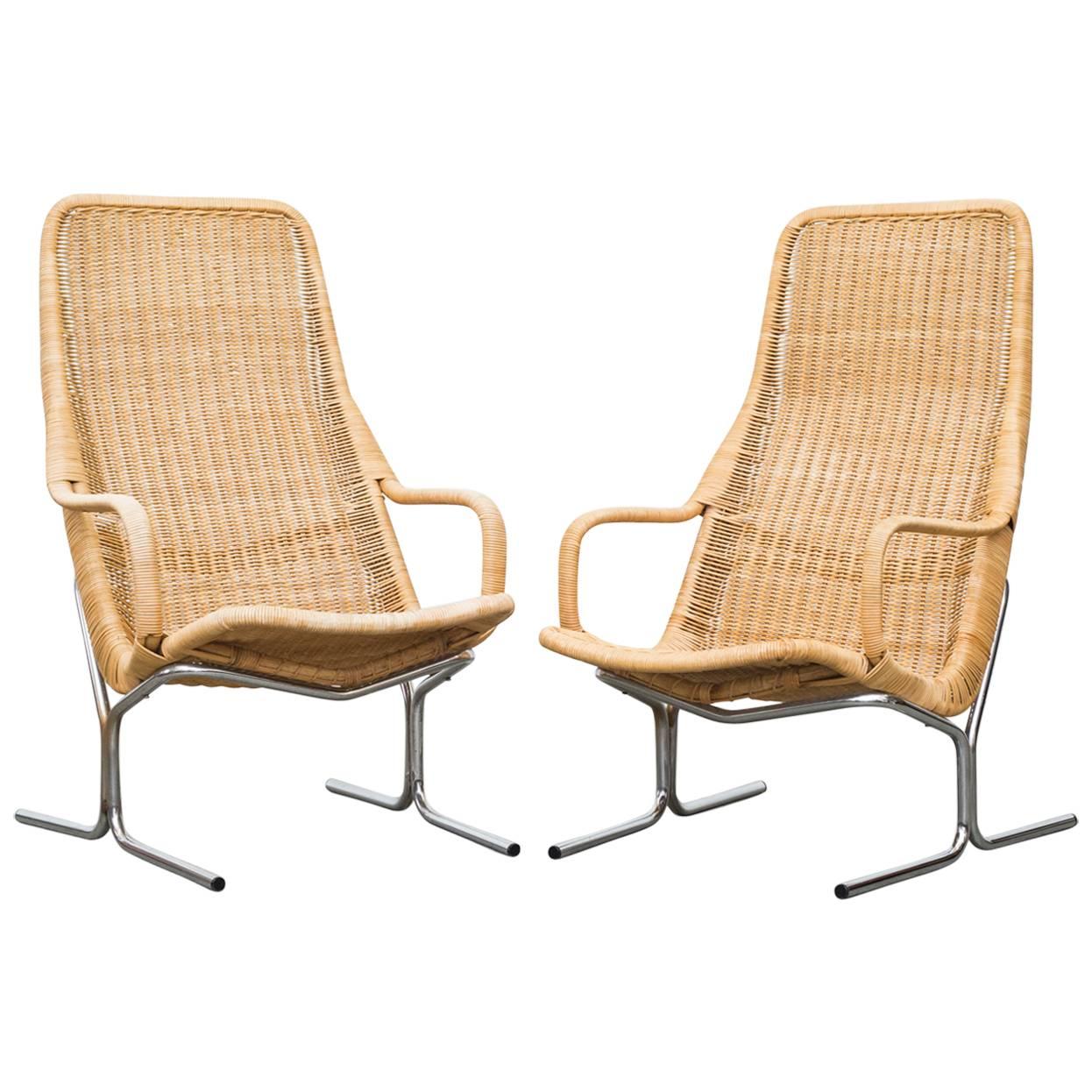 Pair of Dirk Van Sliedrecht Rattan Lounge Chairs with Chrome Sled Frame