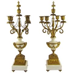 Pair of Italian 18th Century Louis XVI Gilded Bronze on Marble Base Candelabras