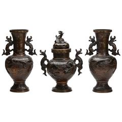 Antique Japanese Garniture Three Bronze Vases, Meiji Period, circa 1900