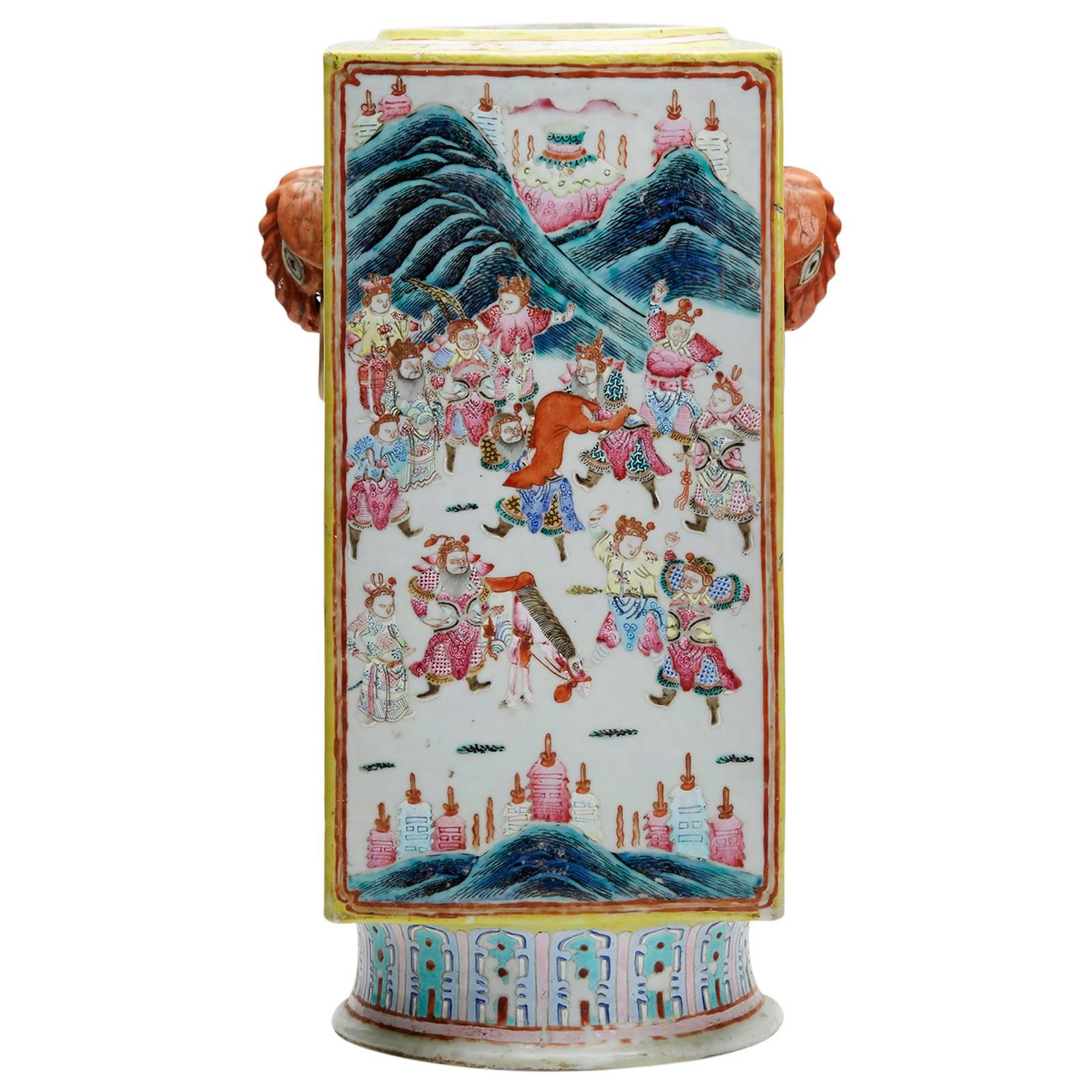 Antique Chinese Porcelain Cong Shape Famille Rose Vase, 19th Century