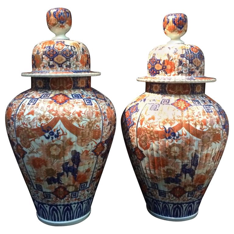 Pair of Blue and Orange Painted Ceramic Japanese Vases from the 19th