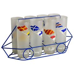 Retro Set of Eight Nautical Signal Flag Tom Collins Glasses with Boat Form Caddy
