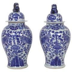 Pair of Chinese Export Style Blue and White Porcelain Lidded Jars