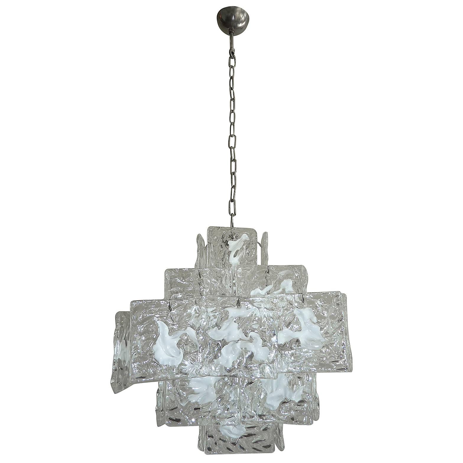 Clear and White Square Glass Chandelier from Murano, Italy For Sale