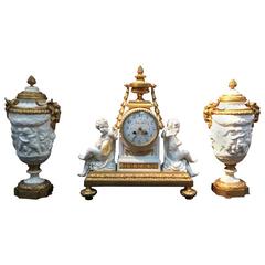 Antique Clock Set with Two Vases, Bisquit Bronze, Napoleon III, 1850-1860