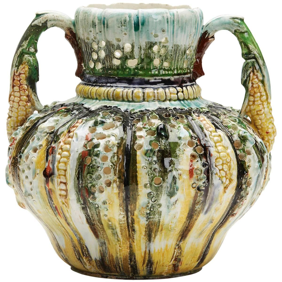 Antique Majolica Glazed Corn Design Vase 19th Century